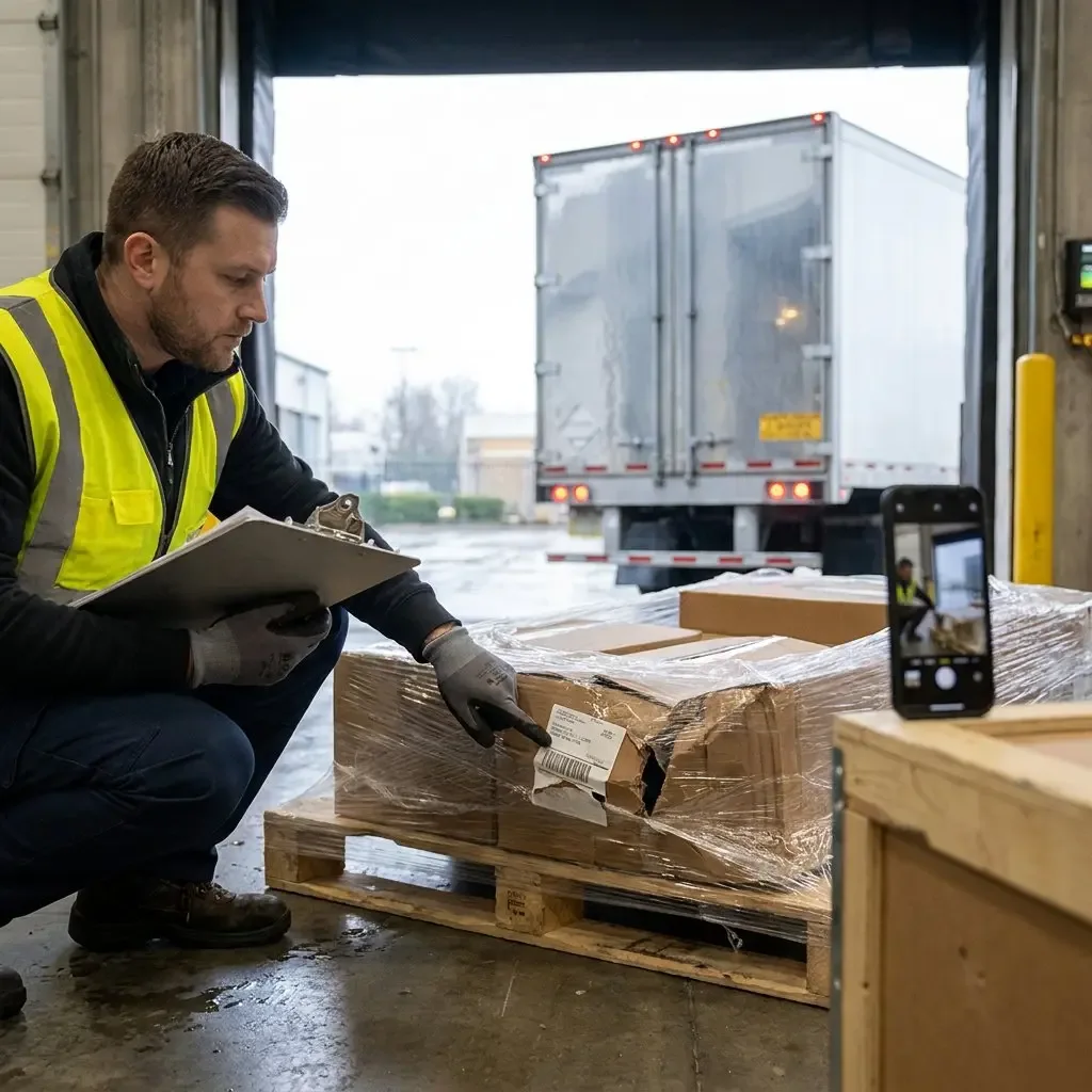 Warehouse worker in a high-visibility vest inspecting a damaged, shrink-wrapped pallet at a loading dock, pointing to a torn box while holding a clipboard, with a smartphone recording the damage and a truck trailer in the background.